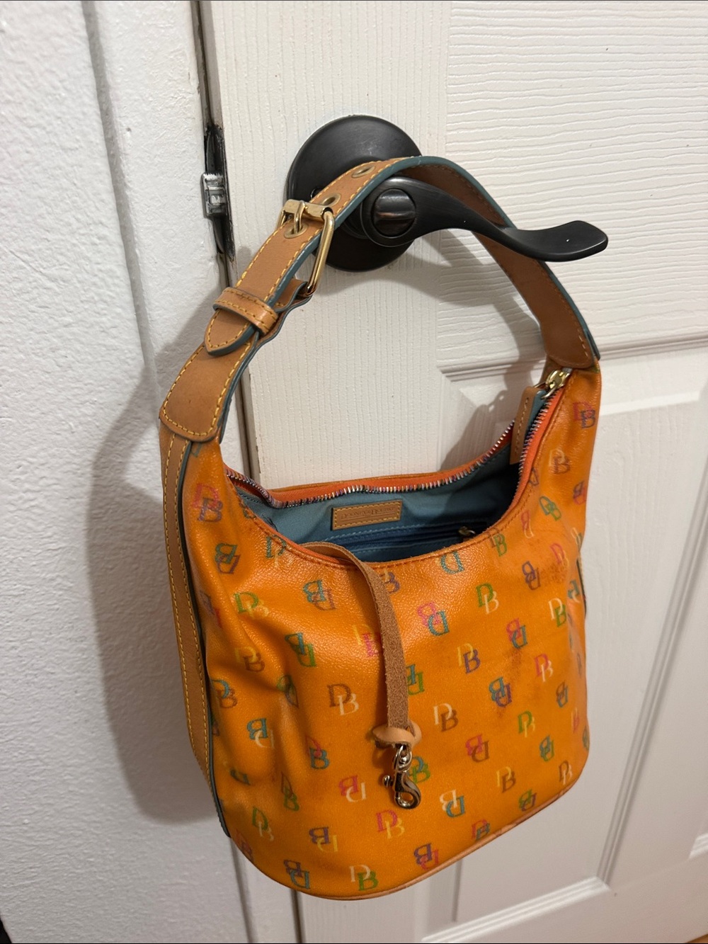 Dooney & Bourke Orange Multicolor DB Logo Hobo with Tan Strap